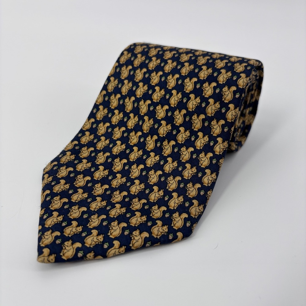Brooks Brothers Makers Silk Tie Mens Navy Blue Squirrel Acorn‎ Animal USA Preppy